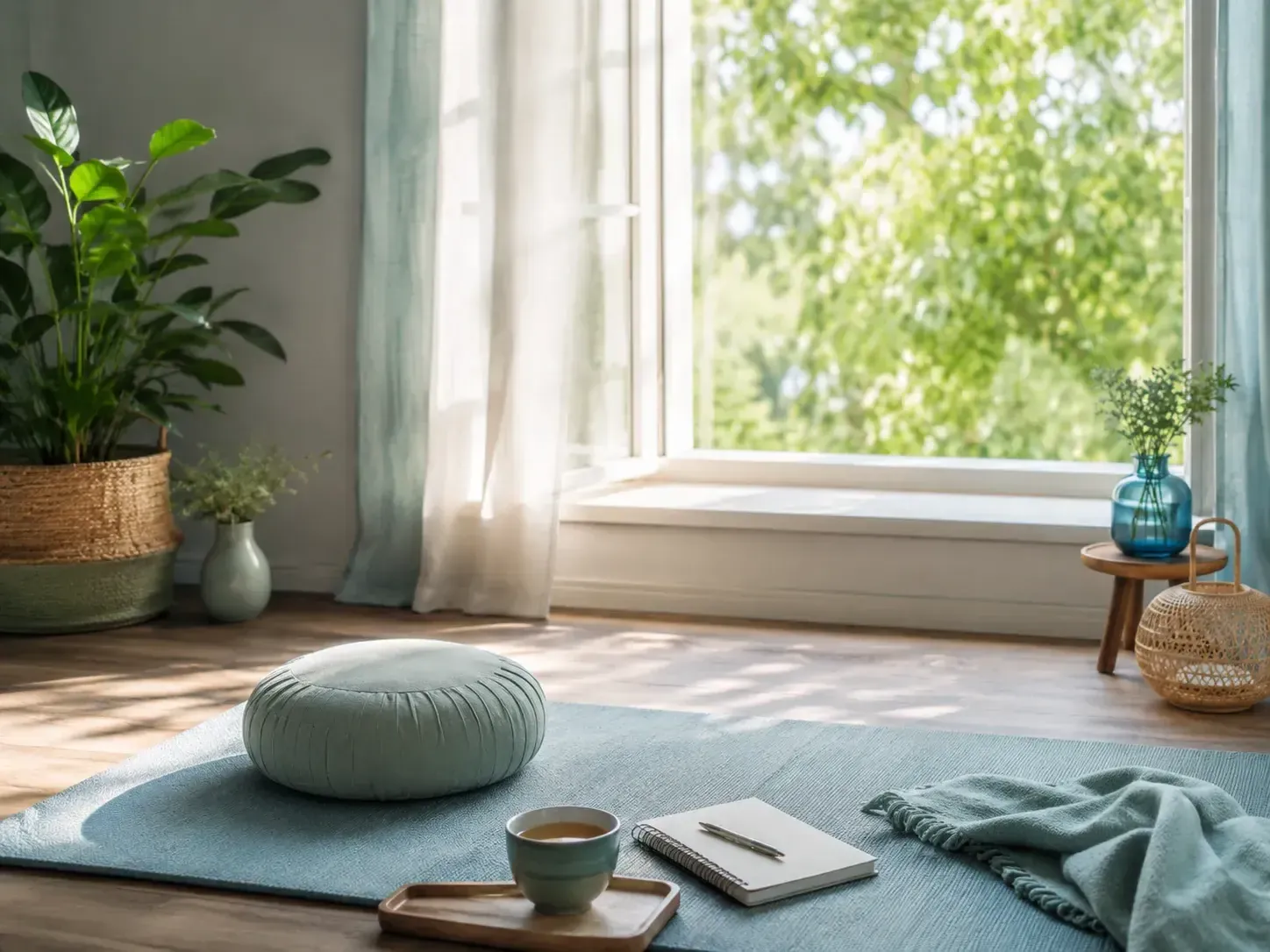 Coussin de méditation vert d'eau sur un tapis, tasse de thé et carnet, devant une grande fenêtre ouverte sur des arbres