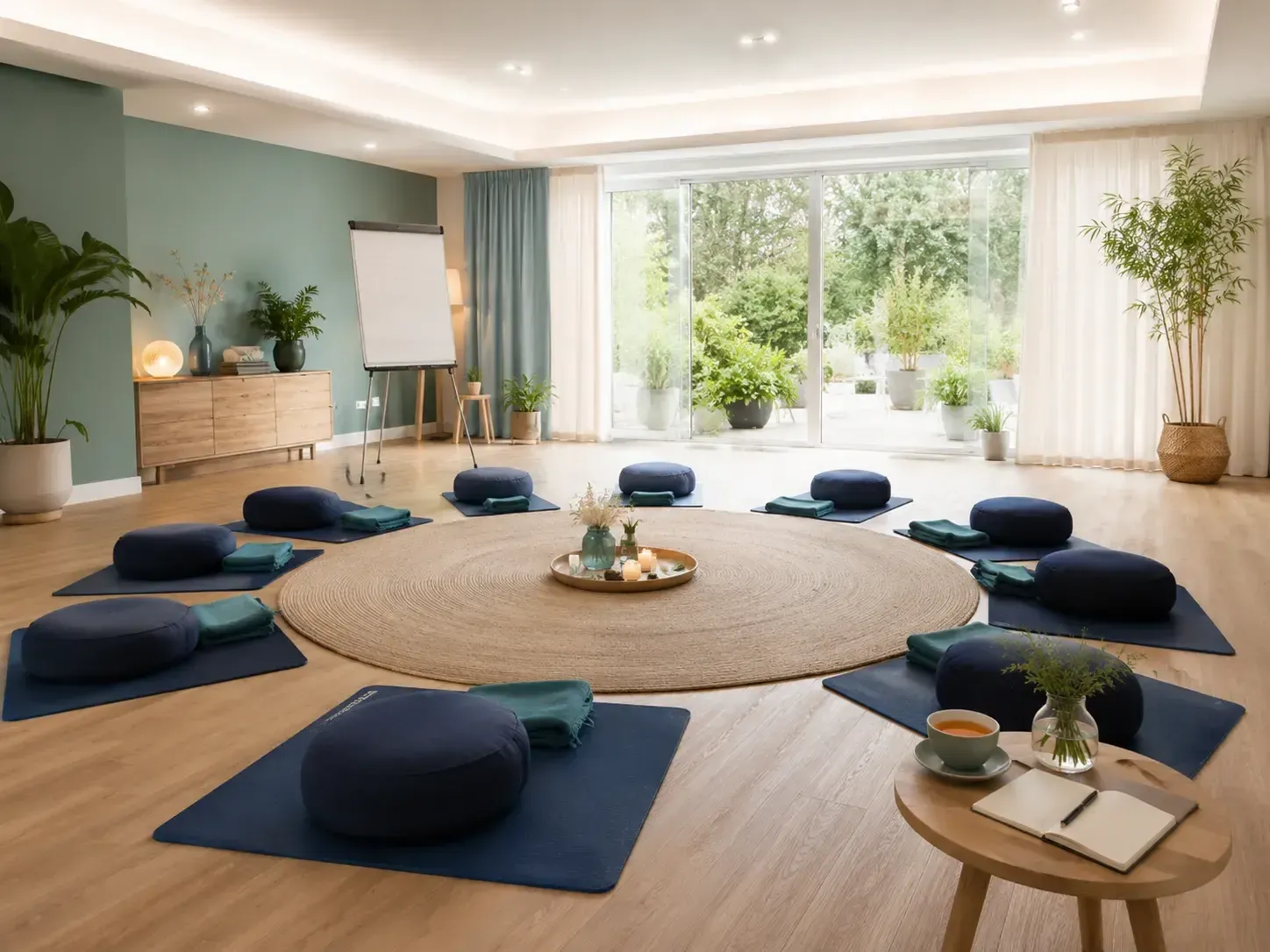 Salle de formation lumineuse, coussins et tapis bleus disposés en cercle autour d'un tapis de jute